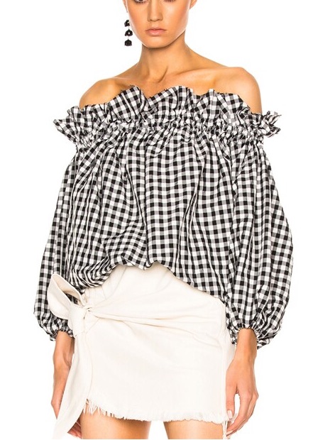 Marques ' Almeida Off Shoulder Gathered Top Black Gingham Sz. S